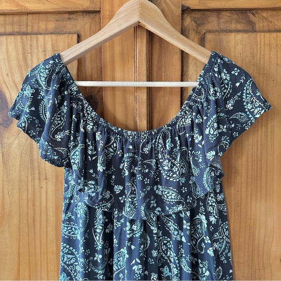 Blue Boho Paisley Off The Shoulder Flounce Neck Summer Sun Dress - Picture 6 of 9